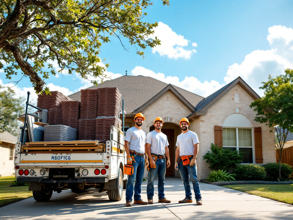 San Antonio roofing crew at a job site with a work truck